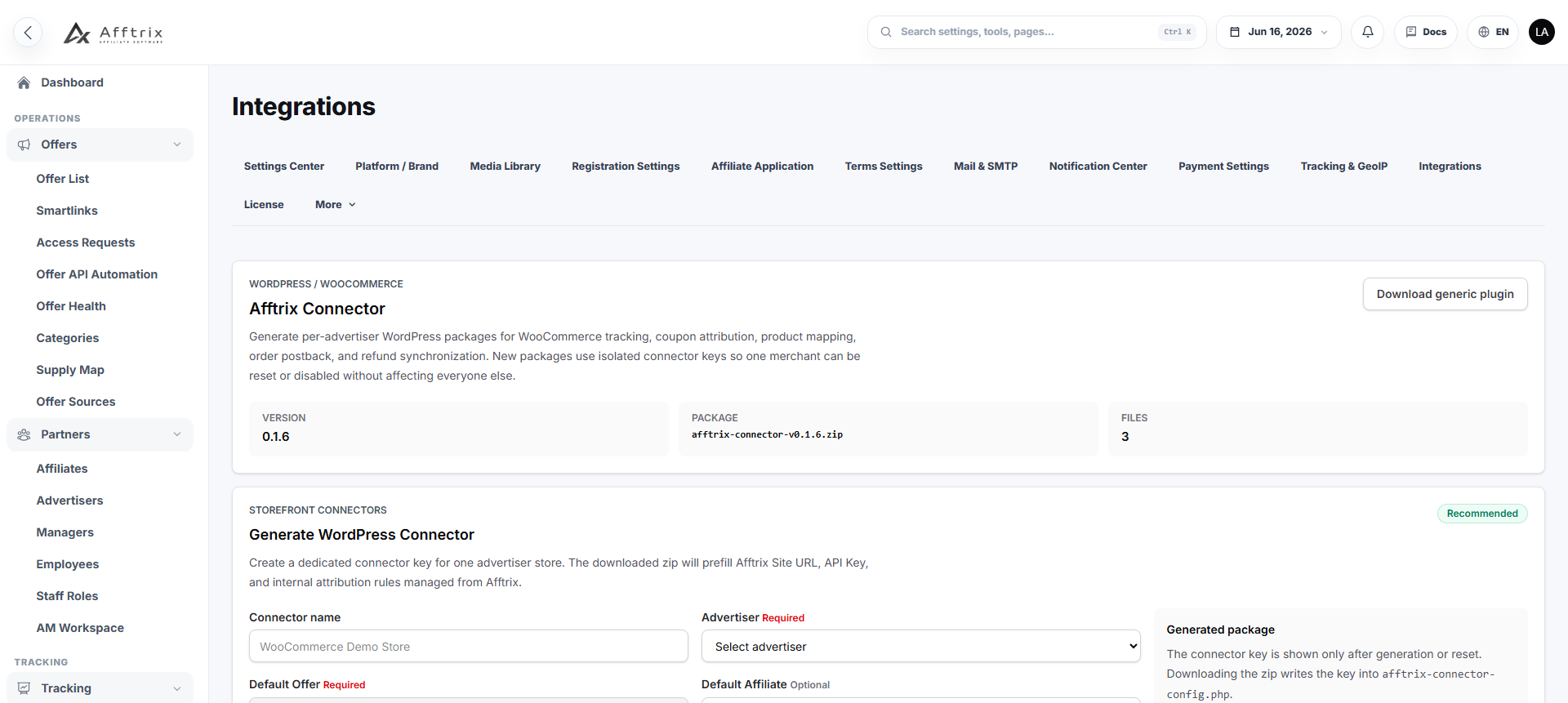 Afftrix integrations screen with Conector WooCommerce setup