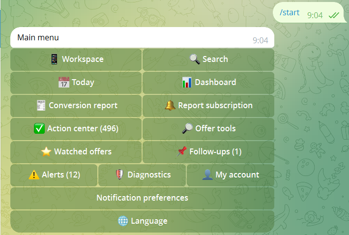 Afftrix Telegram operations bot main menu with workspace, search, dashboard, reports, action center, offer tools, alerts, diagnostics, account, notification, and language options